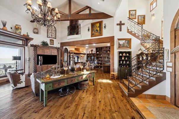 Chandelier, Interior, Wooden Beams, Wood Texture Flooring