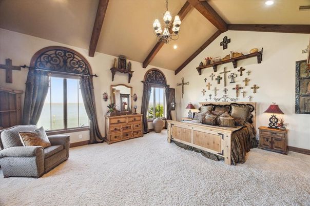 Bedroom, Chandelier, Interior, Recessed Lighting, Water, Wooden Beams