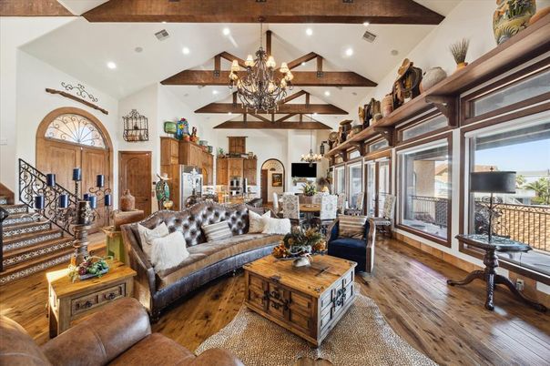 Chandelier, Dining room, Interior, Kitchen, Living room, Recessed Lighting, Wooden Beams, Wood Texture Flooring