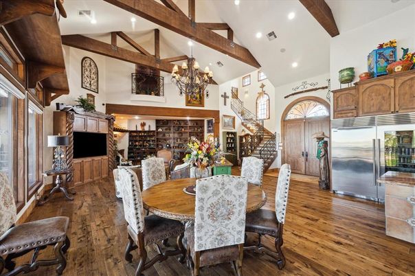 Chandelier, Dining room, Interior, Kitchen, Recessed Lighting, Wooden Beams, Wood Texture Flooring
