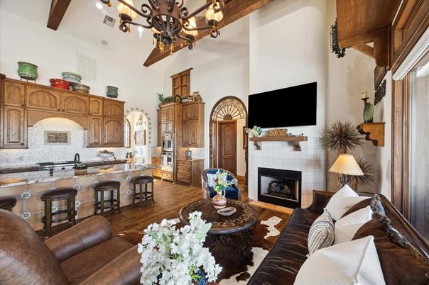 Chandelier, Fireplace, Interior, Kitchen, Living room, Wooden Beams, Wood Texture Flooring