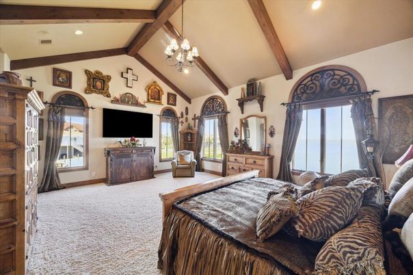 Bedroom, Chandelier, Interior, Recessed Lighting, Wooden Beams