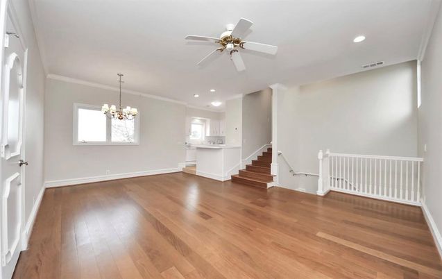 Chandelier, Empty room, Interior, Recessed Lighting, Wood Texture Flooring