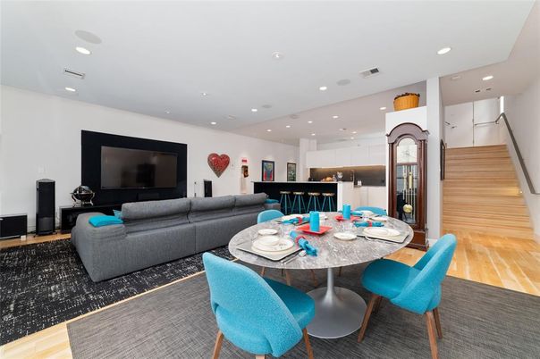 Dining room, Interior, Kitchen, Living room, Recessed Lighting, Stainless Steel Appliances, Wood Texture Flooring
