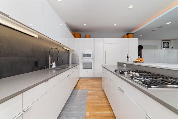 Interior, Kitchen, Recessed Lighting, Stainless Steel Appliances, Wood Texture Flooring