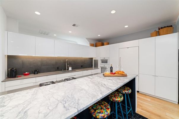 Interior, Kitchen, Recessed Lighting, Stainless Steel Appliances, Wood Texture Flooring