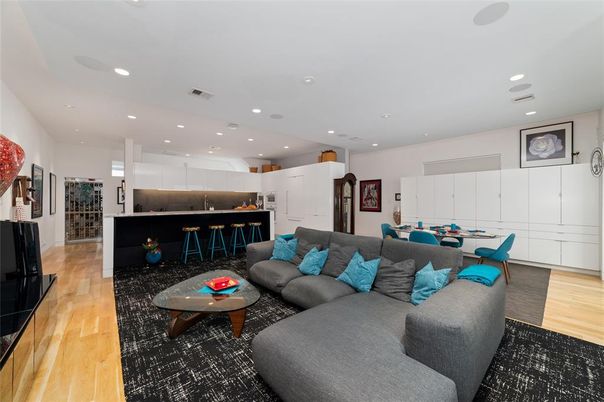 Interior, Kitchen, Living room, Recessed Lighting, Wood Texture Flooring