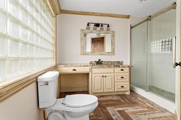 Bathroom, Glass Shower, Interior, Wood Texture Flooring