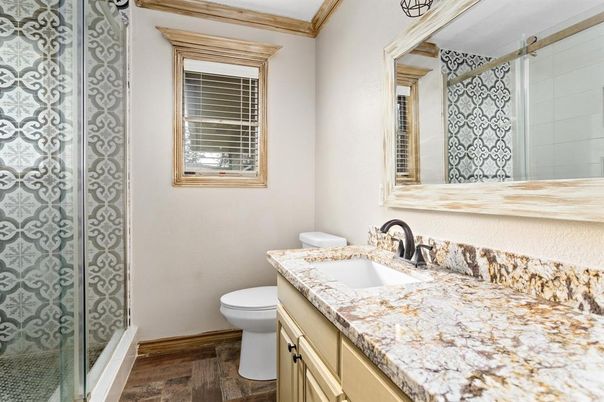 Bathroom, Glass Shower, Interior, Wood Texture Flooring