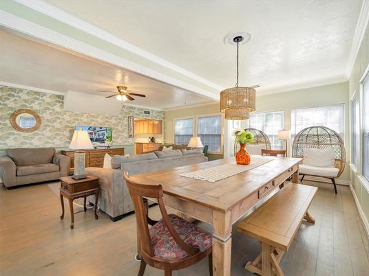 Dining room, Interior, Living room, Pendant Lights, Stone Walls, Wood Texture Flooring