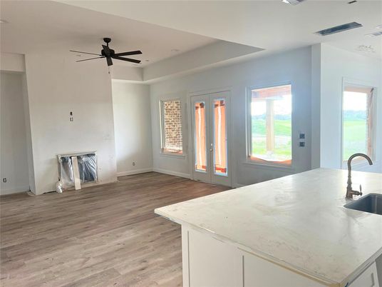 Empty room, Interior, Kitchen, Recessed Lighting, Wood Texture Flooring