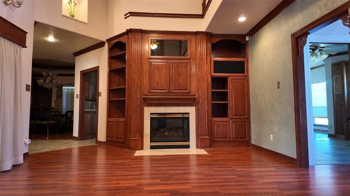 Fireplace, Interior, Recessed Lighting, Wood Texture Flooring