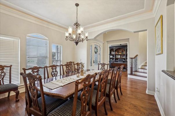 Chandelier, Dining room, Interior, Wood Texture Flooring