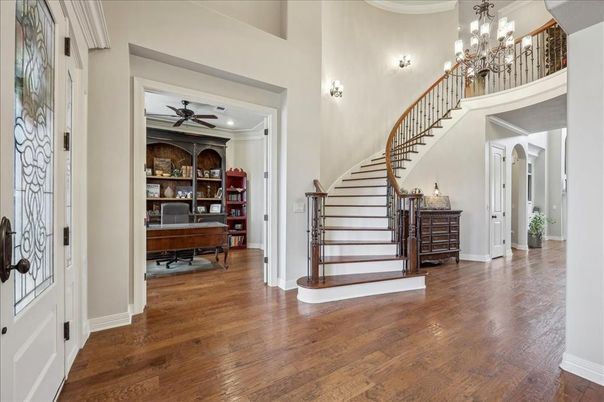 Chandelier, Home Office, Interior, Wood Texture Flooring