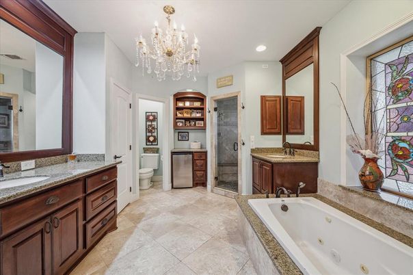 Bathroom, Chandelier, Dual Sink Vanities, Interior, Recessed Lighting