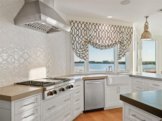 Interior, Kitchen, Recessed Lighting, Stainless Steel Appliances, Water, Wood Texture Flooring