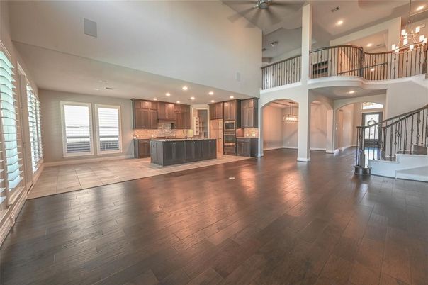 Chandelier, Interior, Kitchen, Pendant Lights, Recessed Lighting, Stainless Steel Appliances, Wood Texture Flooring