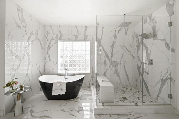Bathroom, Free Standing Baths, Glass Shower, Interior, Marble, Marble Walls