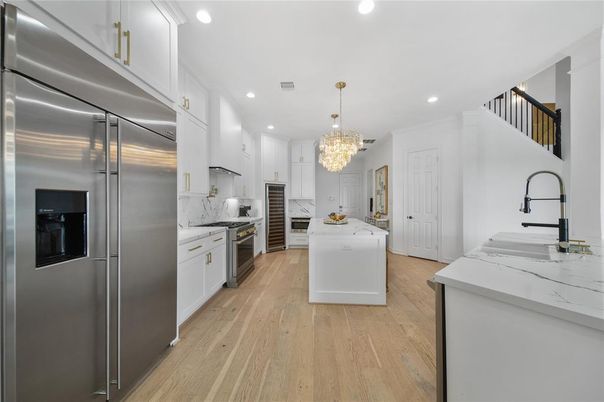 Chandelier, Interior, Kitchen, Recessed Lighting, Stainless Steel Appliances, Wood Texture Flooring