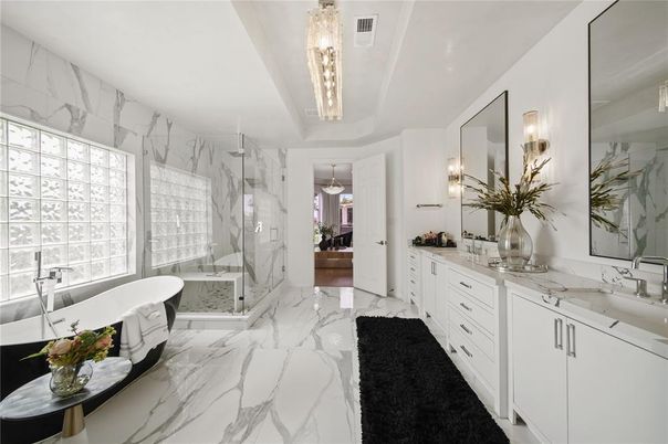 Bathroom, Dual Sink Vanities, Free Standing Baths, Glass Shower, Interior, Marble, Marble Walls