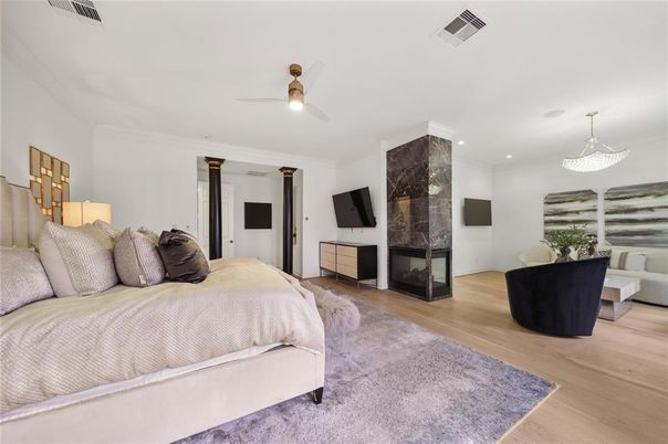 Bedroom, Fireplace, Interior, Recessed Lighting, Wood Texture Flooring