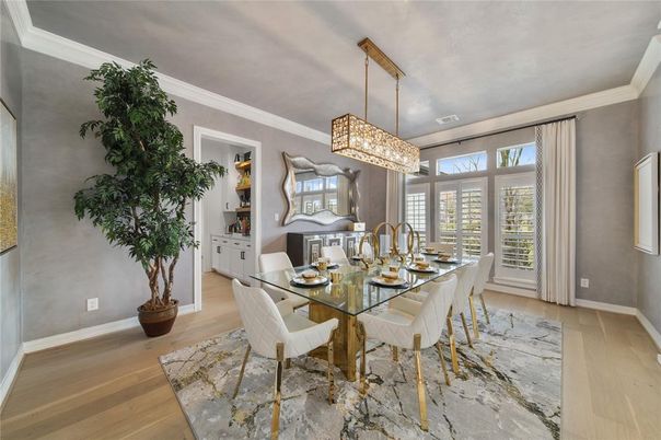 Chandelier, Dining room, Interior, Wood Texture Flooring
