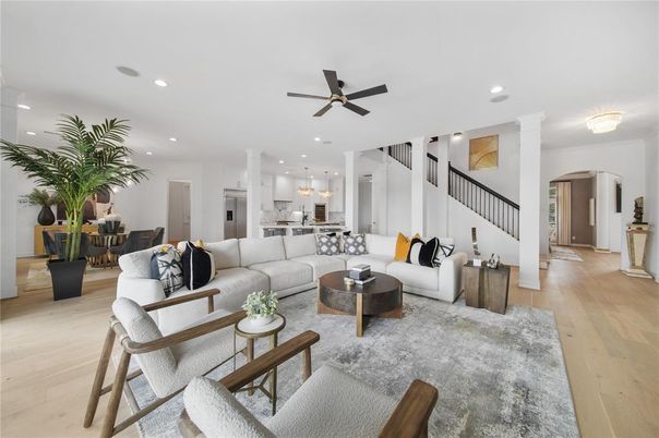 Dining room, Interior, Kitchen, Living room, Pendant Lights, Recessed Lighting, Stainless Steel Appliances, Wood Texture Flooring