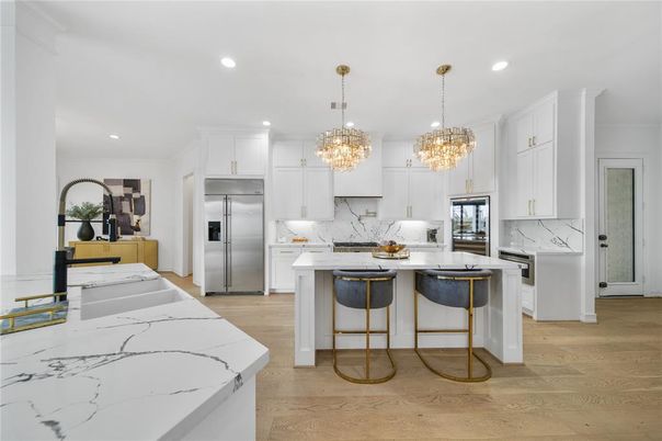 Chandelier, Interior, Kitchen, Pendant Lights, Recessed Lighting, Stainless Steel Appliances, Wood Texture Flooring