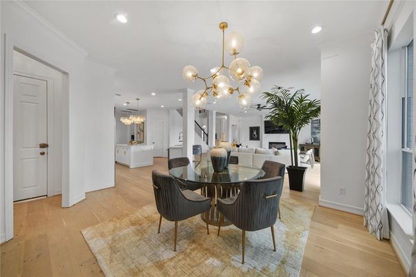 Chandelier, Dining room, Fireplace, Interior, Kitchen, Living room, Pendant Lights, Recessed Lighting, Wood Texture Flooring