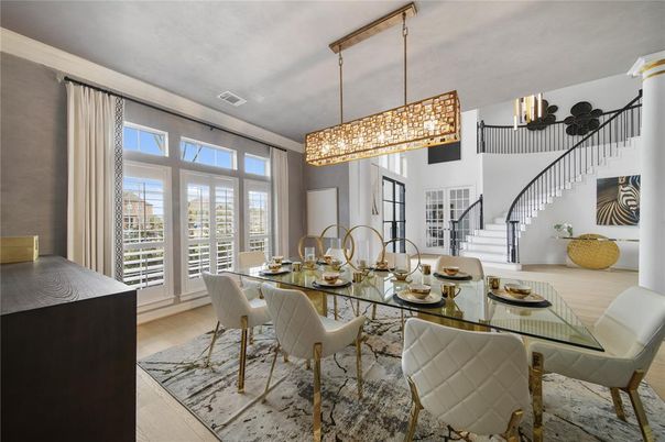 Chandelier, Dining room, Interior, Pendant Lights, Wood Texture Flooring
