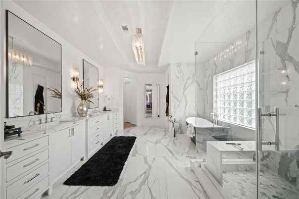 Bathroom, Dual Sink Vanities, Free Standing Baths, Glass Shower, Interior, Marble, Marble Walls