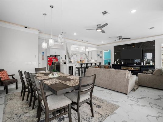 Dining room, Interior, Kitchen, Living room, Marble, Pendant Lights, Recessed Lighting