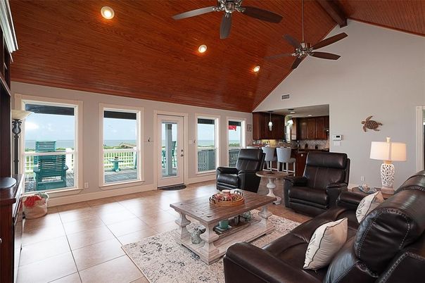 Dining room, Interior, Kitchen, Living room, Recessed Lighting, Water, Wooden Ceilings