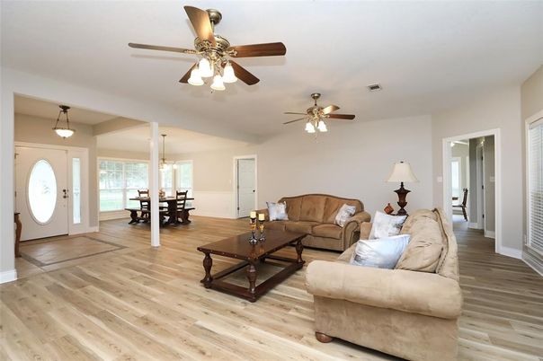 Dining room, Interior, Living room, Pendant Lights, Wood Texture Flooring