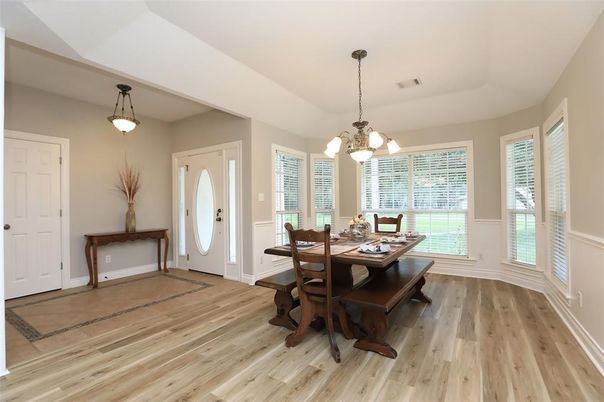 Chandelier, Dining room, Interior, Pendant Lights, Wood Texture Flooring