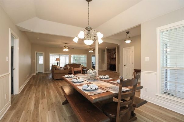 Dining room, Interior, Living room, Pendant Lights, Wood Texture Flooring