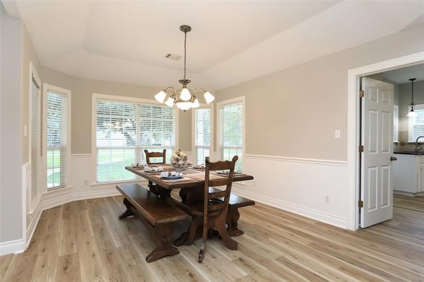 Chandelier, Dining room, Interior, Pendant Lights, Wood Texture Flooring