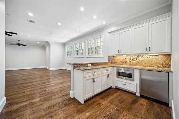Interior, Kitchen, Recessed Lighting, Stainless Steel Appliances, Wood Texture Flooring