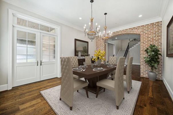 Chandelier, Dining room, Interior, Recessed Lighting, Stone Walls, Wood Texture Flooring