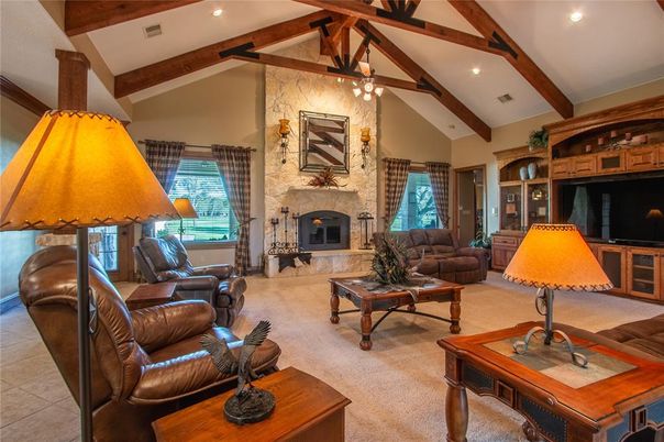 Fireplace, Interior, Living room, Recessed Lighting, Stone Walls, Wooden Beams