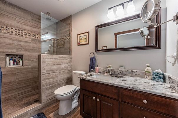 Bathroom, Glass Shower, Interior, Wood Texture Flooring