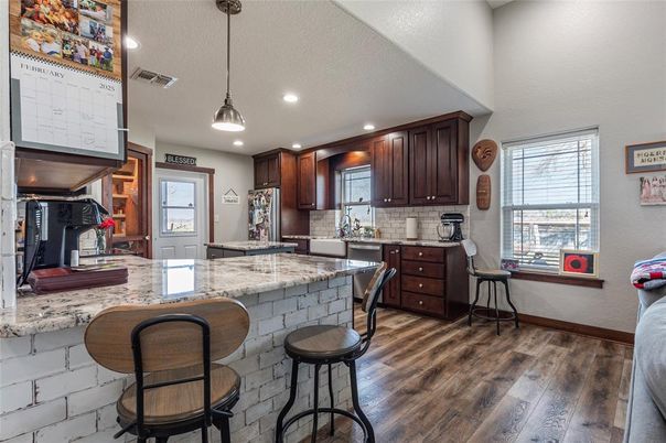 Interior, Kitchen, Pendant Lights, Recessed Lighting, Wood Texture Flooring