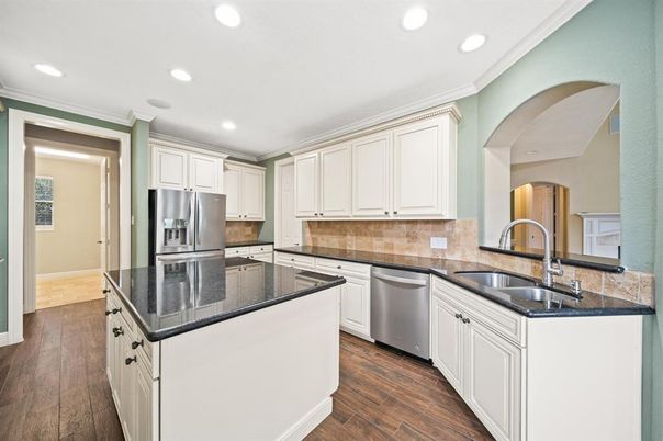Interior, Kitchen, Recessed Lighting, Stainless Steel Appliances, Wood Texture Flooring