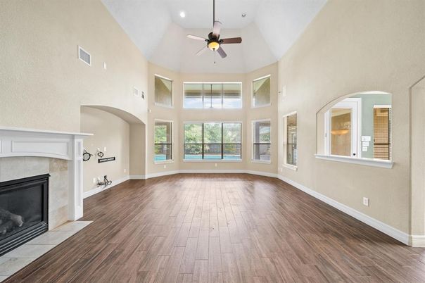 Empty room, Fireplace, Interior, Recessed Lighting, Wood Texture Flooring
