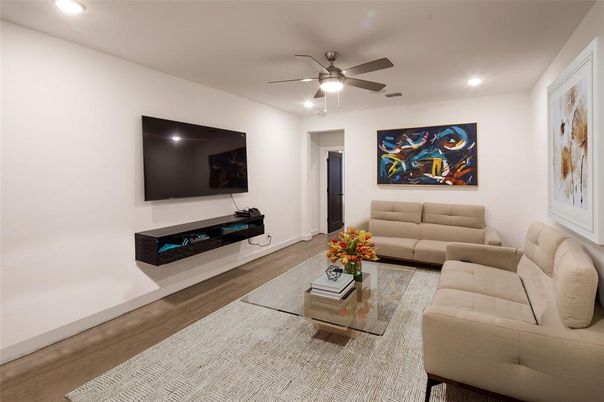 Interior, Living room, Recessed Lighting, Wood Texture Flooring