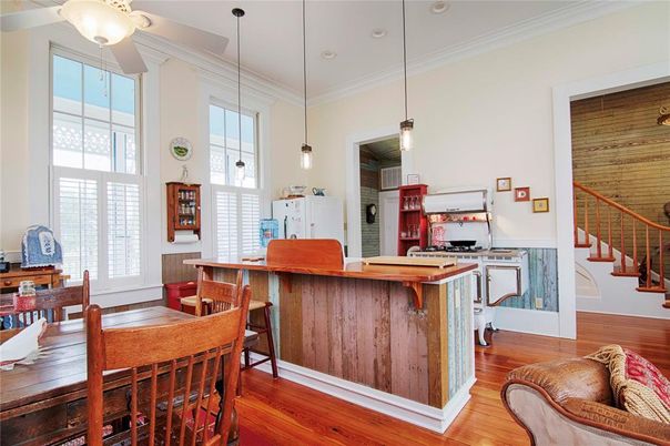 Dining room, Interior, Kitchen, Pendant Lights, Wood Texture Flooring