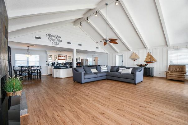 Dining room, Interior, Living room, Pendant Lights, Wood Texture Flooring