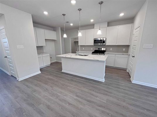 Interior, Kitchen, Pendant Lights, Recessed Lighting, Wood Texture Flooring