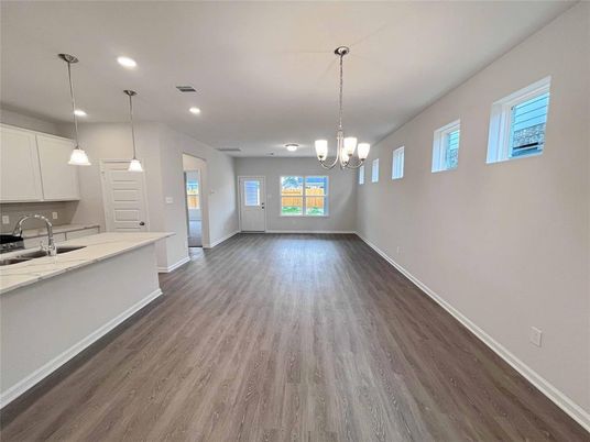 Interior, Kitchen, Pendant Lights, Recessed Lighting, Wood Texture Flooring