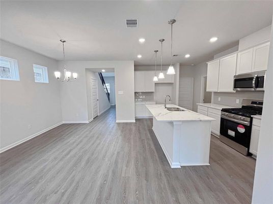 Chandelier, Interior, Kitchen, Pendant Lights, Recessed Lighting, Wood Texture Flooring